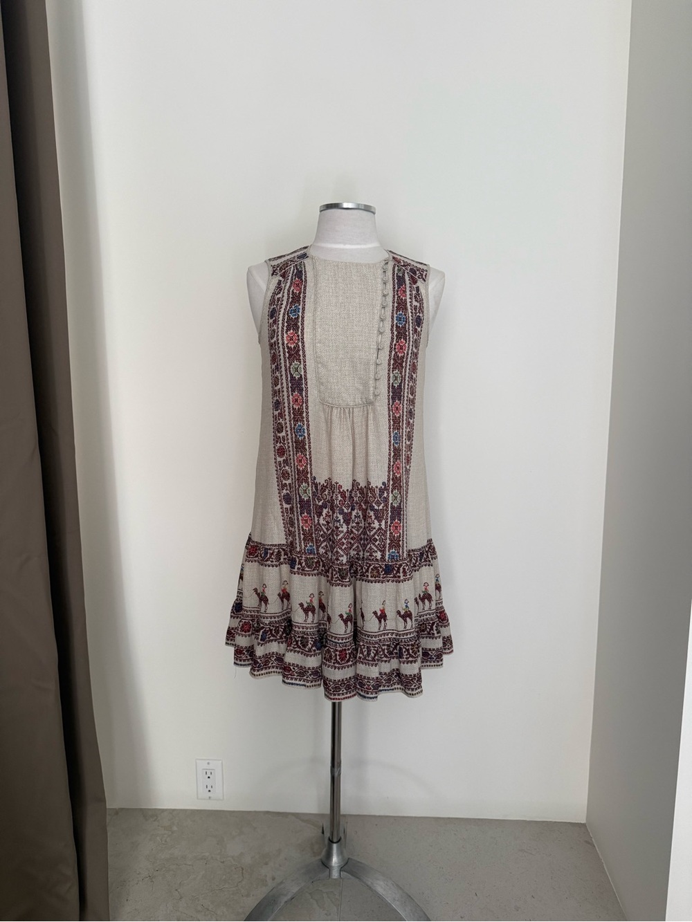 BCBGMaxAzria Ivory Mini Dress with Burgundy & Blue Folk Embroidery